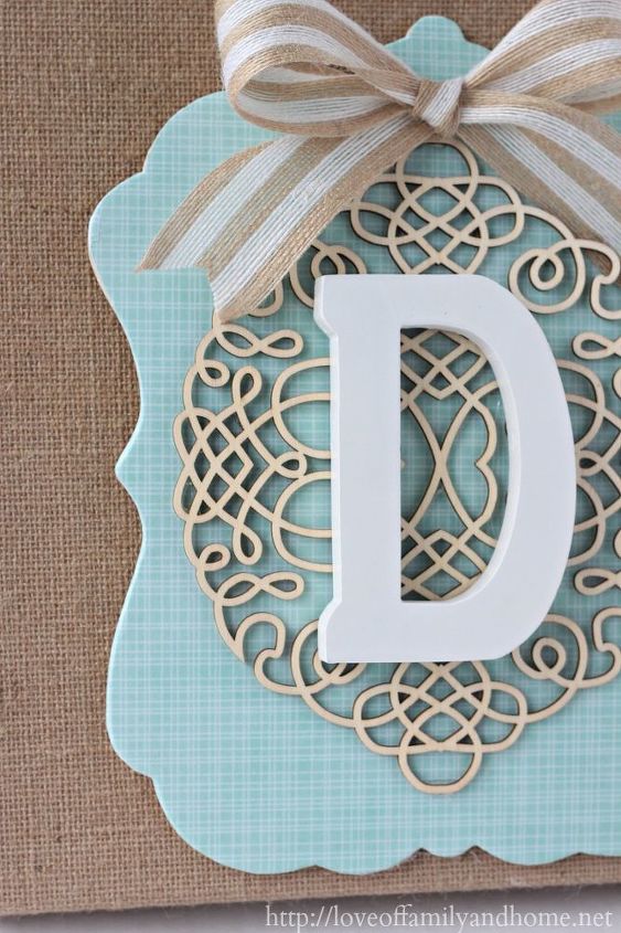 diy layered burlap monogram, crafts, decoupage, Detailed beauty shot Love that laser wood out piece My favorite