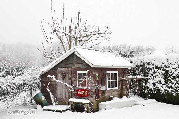 a little rustic shed caught in the snow, outdoor living, Warm woods look striking against that blanket of white