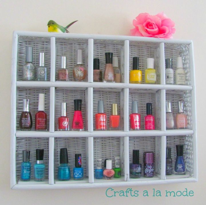 a place for my nail polish, painted furniture, shelving ideas, woodworking projects, I put a little fake bird up on top with a rose to fancy it up a bit