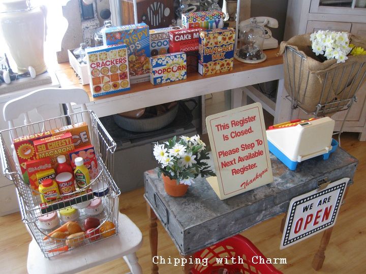 the many lives of fred peterson s tool tote as a console table, diy, painted furniture, repurposing upcycling, And now he has a new job as the check out counter at a charming little market around the corner in our Great Room