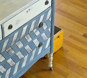 painted herringbone dresser, chalk paint, painted furniture, I love the contrast of the blue and white with little bits of stained wood showing through