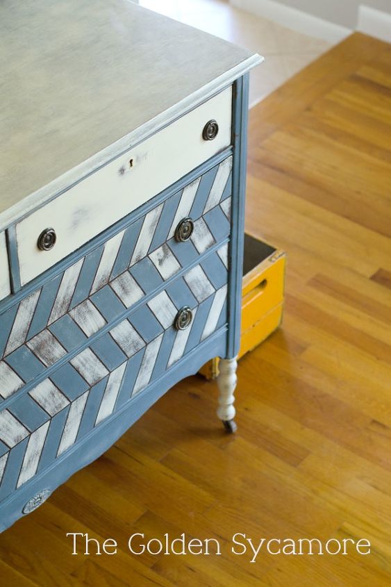 painted herringbone dresser, chalk paint, painted furniture, I love the contrast of the blue and white with little bits of stained wood showing through
