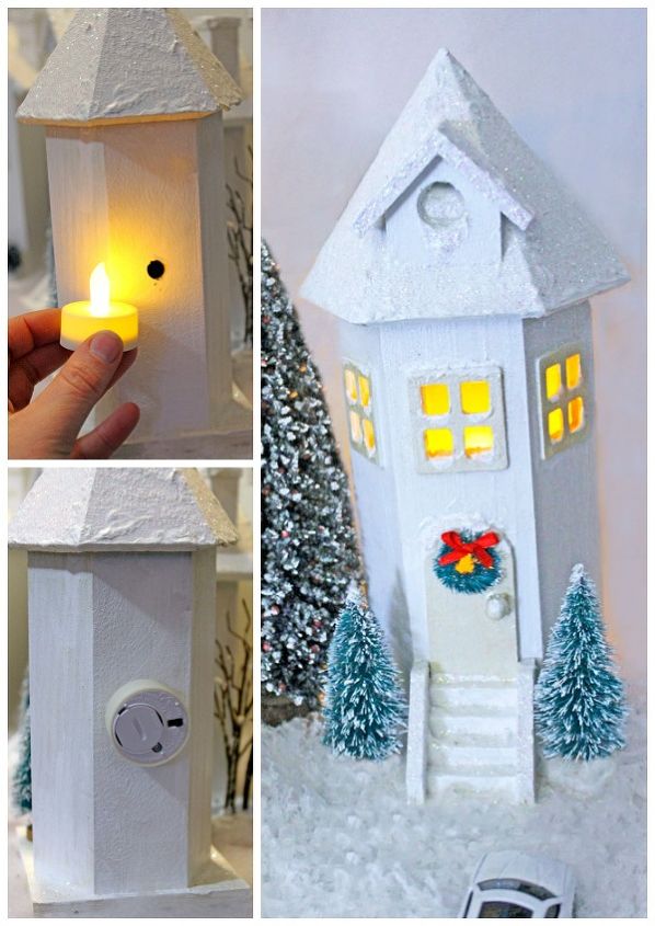 diy white christmas village, christmas decorations, crafts, seasonal holiday decor, wreaths, Drill a small hole in the back that a batter powered candle can fit into to give your house light