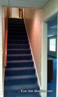 stair redo phase 1 complete, diy, home improvement, stairs, woodworking projects, Before with the blue carpet and gold swirly wallpaper