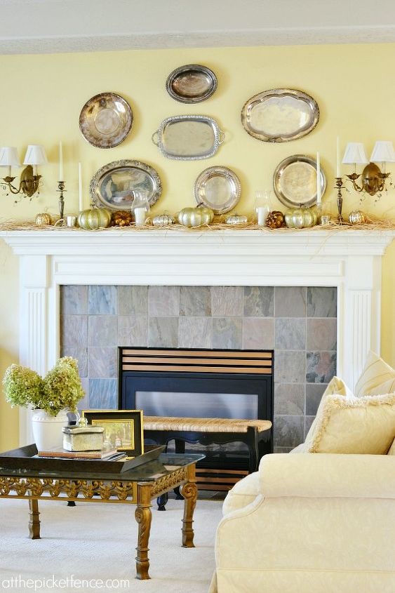 fall home tour, home decor, seasonal holiday decor, wreaths, My fall living room and mantel with vintage silver trays