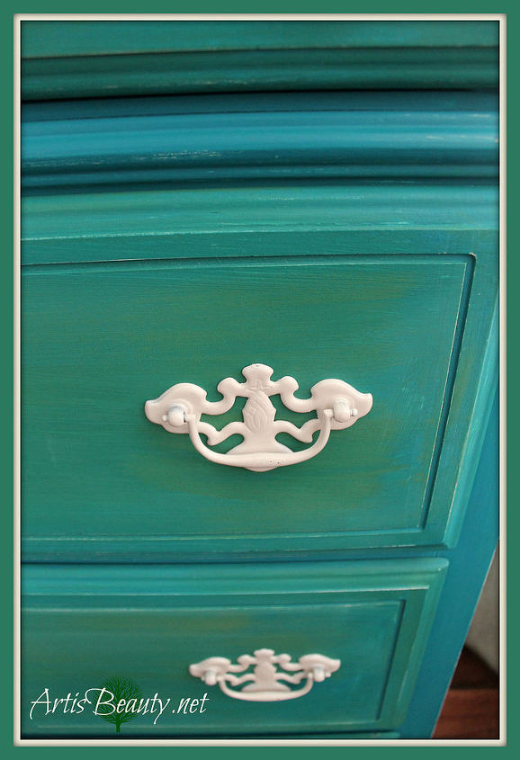 drab to fab beachy dresser makeover, painted furniture, I loved that the original hardware had pineapples on it but didn t like the brass with the green so I spray painted them white to go with the beach theme