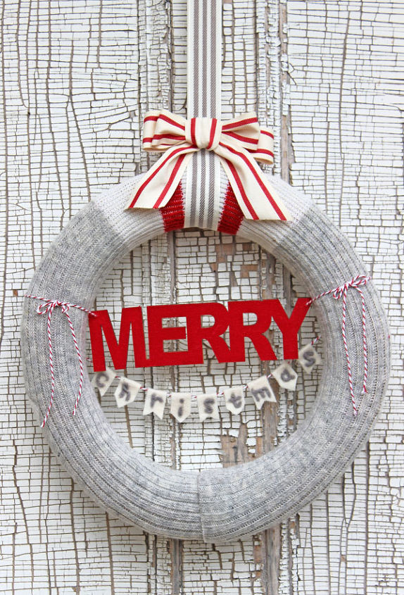 wool sock christmas wreath, christmas decorations, crafts, seasonal holiday decor, wreaths, I added a wood veneer Merry and felted a small christmas banner and tied it on with bakers twine