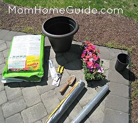 how to make a diy flower tower for your backyard or porch, container gardening, diy, flowers, gardening, how to, The supplies I used for my tower aviation snips for cutting wire galvanized wire fencing flowers a large pot a trowel or shovel landscaping fabric potting soil and zip ties
