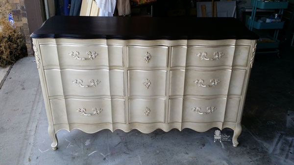 painted french provincial triple dresser, General Finishes Java Gel stain American Paint Company s Plymouth Rock Navajo White and Modern Masters Oyster to accent