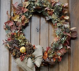 fall wreath giving fall a front door welcome, crafts, seasonal holiday decor, wreaths, This started with a simple grapevine wreath after adding a couple of inexpensive garlands and a few fall pics a burlap bow it s a perfect welcome to friends and family