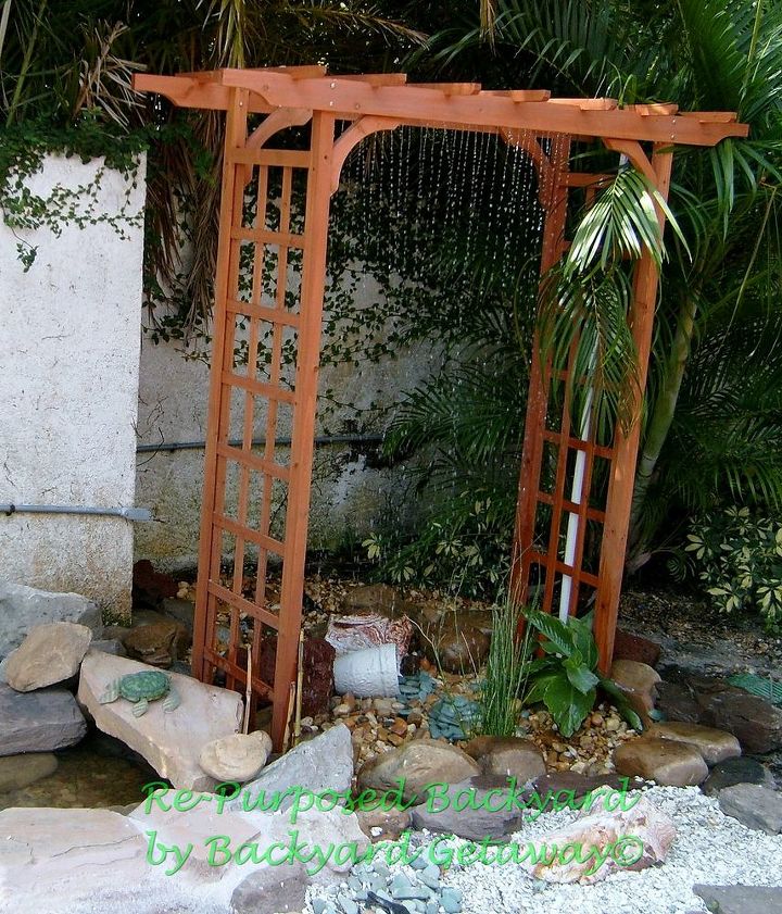 re purposed backyard, gardening, repurposing upcycling, Trellis rain curtain
