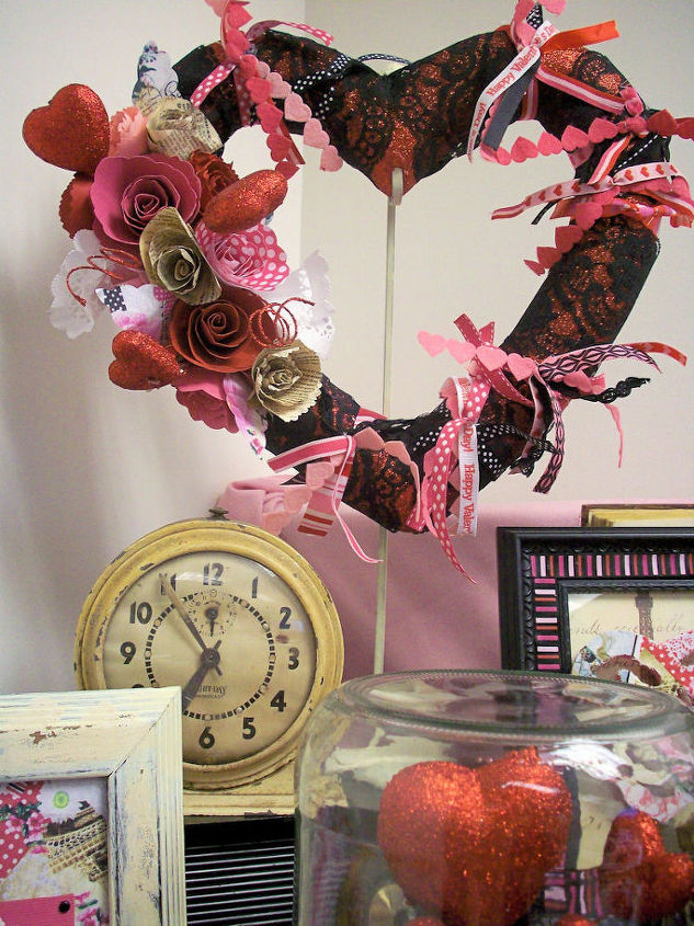 vintage glam valentine s desk vingette, crafts, seasonal holiday decor, valentines day ideas, wreaths, The wreath started out as just a red glitter one from Hobby Lobby but I didn t want quite the standard red and pink route so out came black lace and wa la
