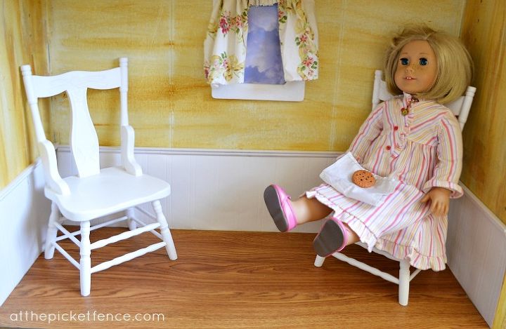 turn a bookcase into an american girl doll sized dollhouse, crafts, diy, Peel and stick floors chair rail and bead board wallpaper are fun details