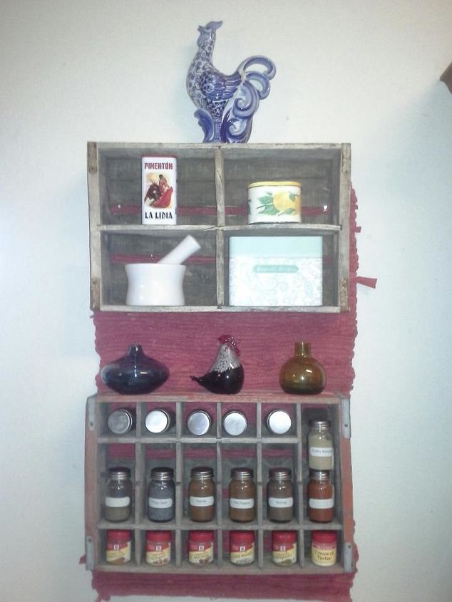 coke rc pop crates new spice racks, repurposing upcycling, storage ideas, RC and Coke Crate Spice Rack It holds my recipe box along with other items I hung a red rug first then the crates It s all in how one want s this to look Please feel free to leave comments
