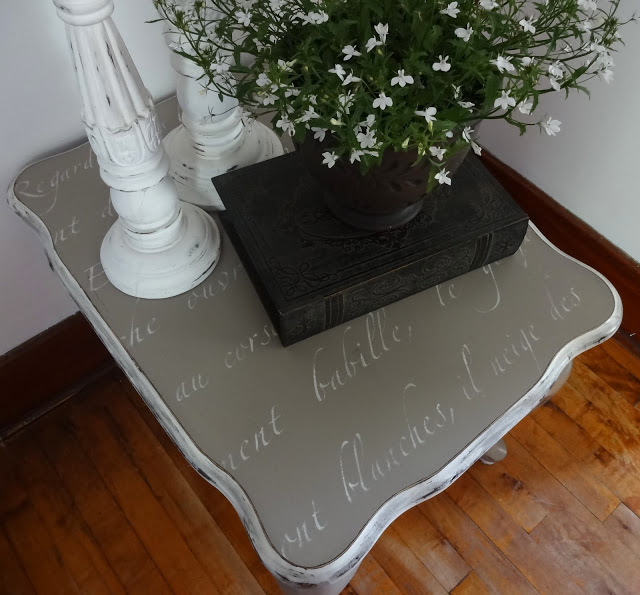 french stenciled end table, painted furniture, Added the poem to the top and