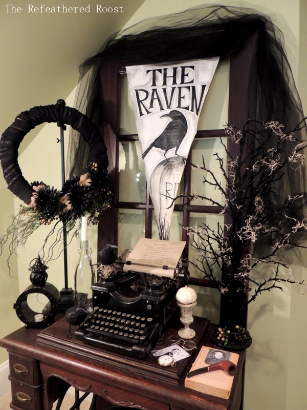 the raven halloween vignette, halloween decorations, seasonal holiday d cor, An antique typewriter along with a black round lantern