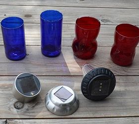 sensational recycled solar lights in the garden, outdoor living, repurposing upcycling, Easy how tos Take glasses or cut glass bottle candle holders and solar lights See the simple glass cutter Marie used