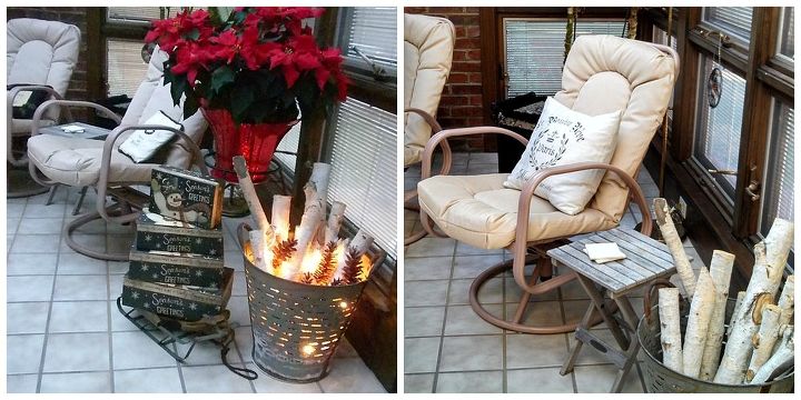 before after the holidays in the sunroom, home decor, outdoor living, B A holiday decor beside the french doors