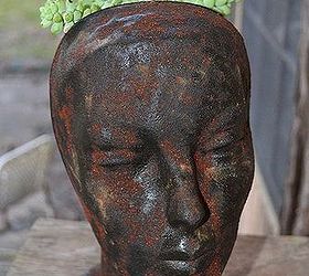faux rusty cast iron head planter, crafts, gardening, painting, repurposing upcycling, Close up after picture