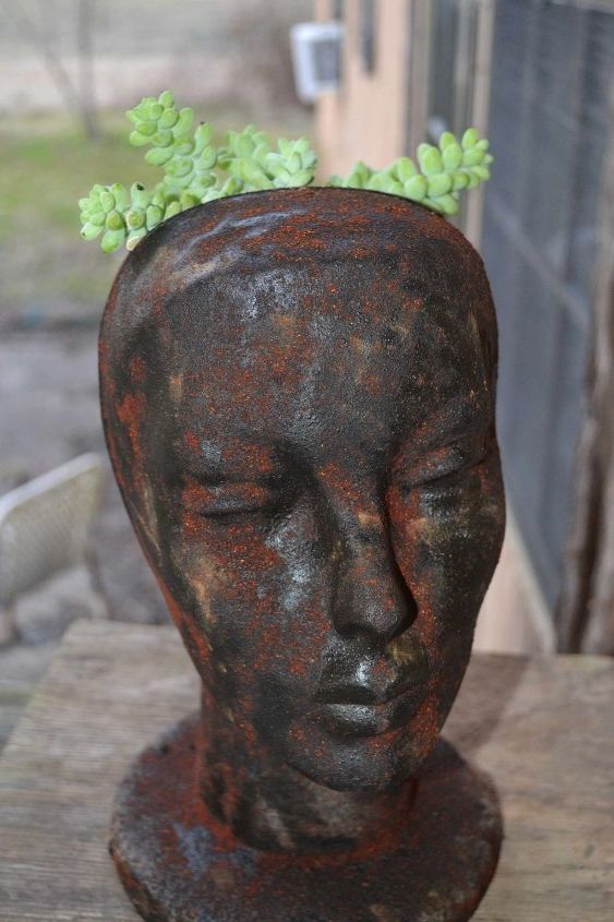 faux rusty cast iron head planter, crafts, gardening, painting, repurposing upcycling, Close up after picture