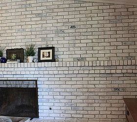 how to white wash your fireplace or brick, concrete masonry, fireplaces mantels, painting, It s a messy project the paint splatters a bit but the results are like night and day I wish I would have done this years ago