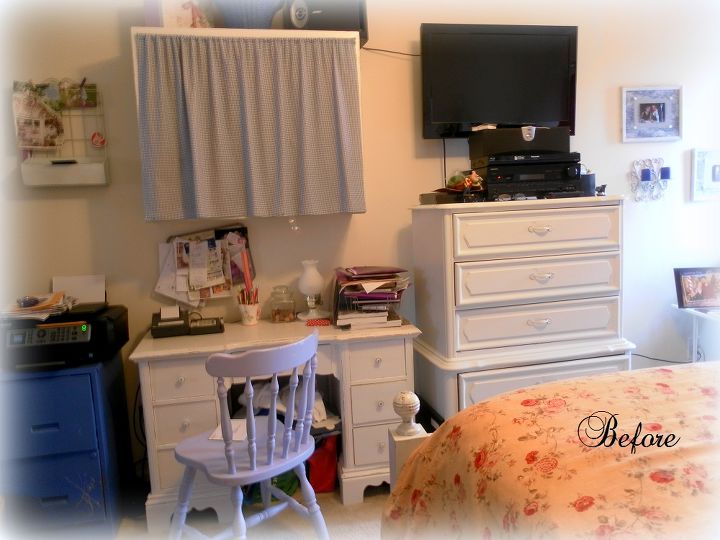 before and after decorating an upcycled home office nook, bedroom ideas, craft rooms, home decor, home office, repurposing upcycling, BEFORE My home office space in my bedroom was cluttered and not pretty to look at
