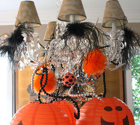 decorate your chandelier, halloween decorations, home decor, seasonal holiday decor, Feathers and beaded garland too