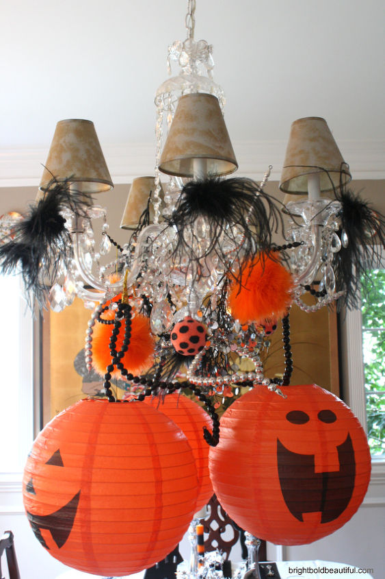 decorate your chandelier, halloween decorations, home decor, seasonal holiday decor, Feathers and beaded garland too
