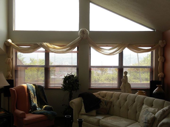 a few more window treatments, home decor, Scarf drape with rosette center side poufs