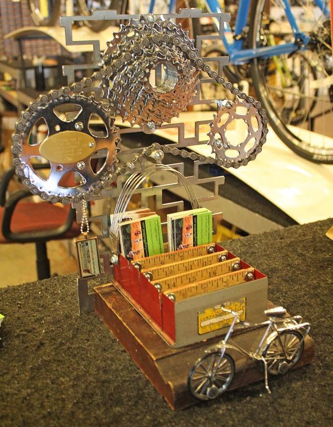 repurposed bicycle themed business card tray holder, repurposing upcycling