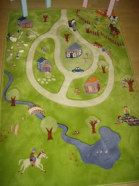 farmyard themed room for toddler boy and girl twins, bedroom ideas, home decor, painted furniture, Hours of fun was had with their farm set on this rug