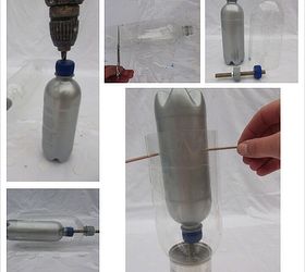 concrete and gold diy lampshade, diy, lighting, drill holes in the bottletops screw the small bottle into the large cut the bottom out of the large bottle first using the threaded tube stabilise with screws in a tin