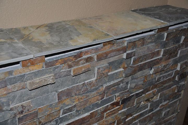 new wood stove location, concrete masonry, diy, home decor, woodworking projects, Slate wall installed with air channels
