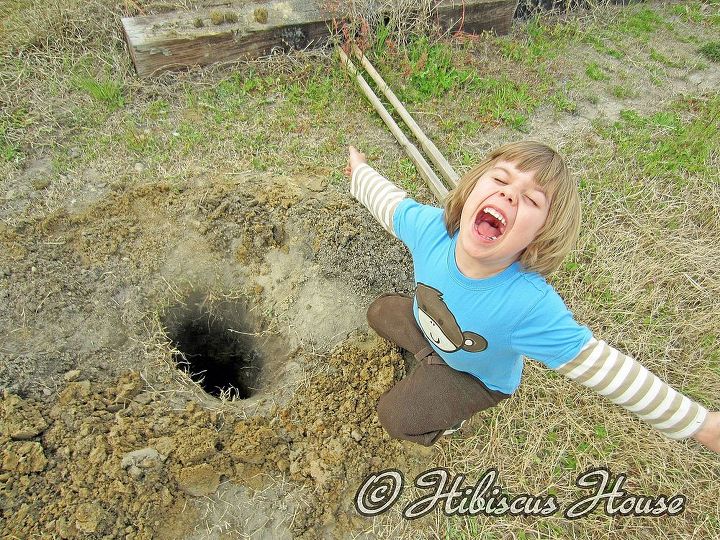 that is some hole, gardening, He struck water Look at that face