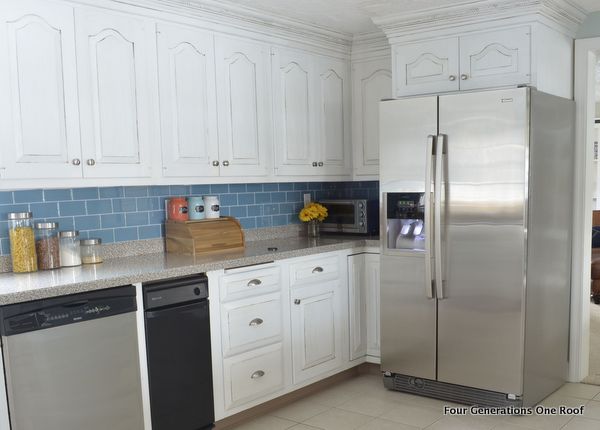 modern white cottage kitchen makeover, home decor, kitchen backsplash, kitchen design, White painted cabinets blue glass subway style tile