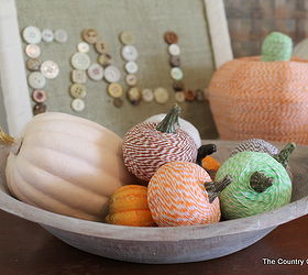 baker s twine pumpkins, crafts, decoupage, seasonal holiday decor, I also made a large baker s twine pumpkin in the back Learn how to make them here