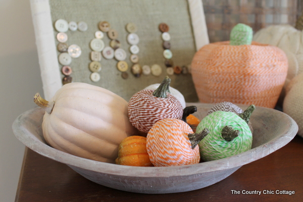 baker s twine pumpkins, crafts, decoupage, seasonal holiday decor, I also made a large baker s twine pumpkin in the back Learn how to make them here