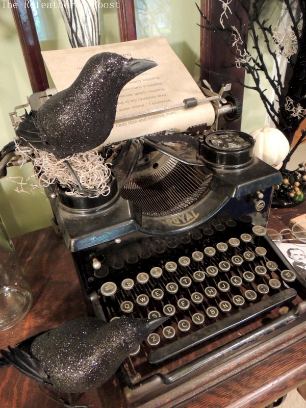 the raven halloween vignette, halloween decorations, seasonal holiday d cor, A raven perched upon the typewriter