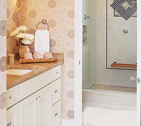 this warm eclectic contemporary master bath is not only easy on the eyes but easy, bathroom ideas, home decor, View from vanity area to shower