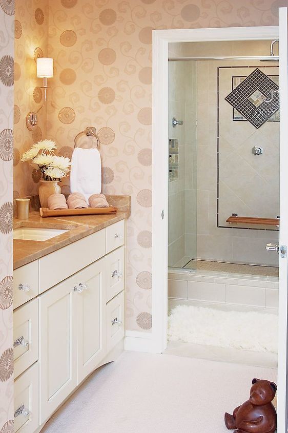 this warm eclectic contemporary master bath is not only easy on the eyes but easy, bathroom ideas, home decor, View from vanity area to shower
