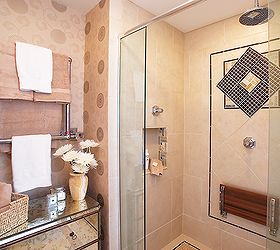 this warm eclectic contemporary master bath is not only easy on the eyes but easy, bathroom ideas, home decor, Perfect furniture piece for the space Love the vintage mirrored finish