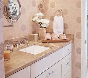 this warm eclectic contemporary master bath is not only easy on the eyes but easy, bathroom ideas, home decor, The vanity area with granite undermount sink and wall paper