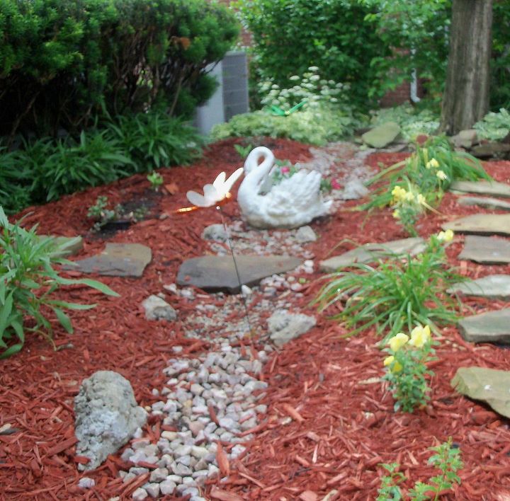 scenes from my secret garden, flowers, gardening, hibiscus, Swan planter on dry creek bed