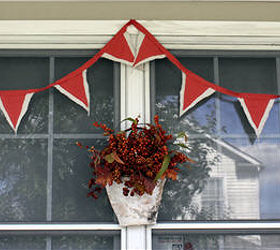 simple fall porch decor, crafts, outdoor living, porches, seasonal holiday decor, I used leftover scraps to make and hang a fall dropcloth garland over the windows and front door Learn how here