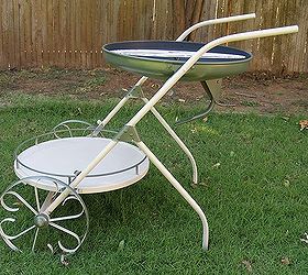 1950 s metal rolling bbq set or birdbath and hostess tray, outdoor living, repurposing upcycling, This is a side view