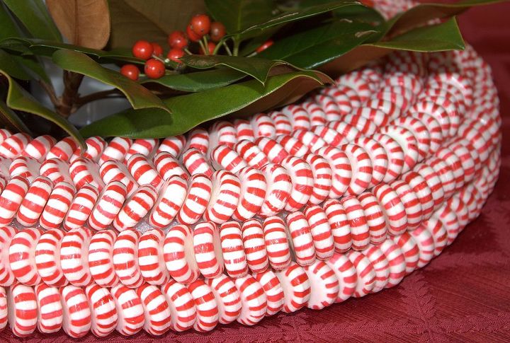 peppermint candy wreath or centerpiece, christmas decorations, seasonal holiday decor, wreaths, Note that each row of peppermints is angled the opposite way from the previous row This gives it a twisted look when viewing it at a distance