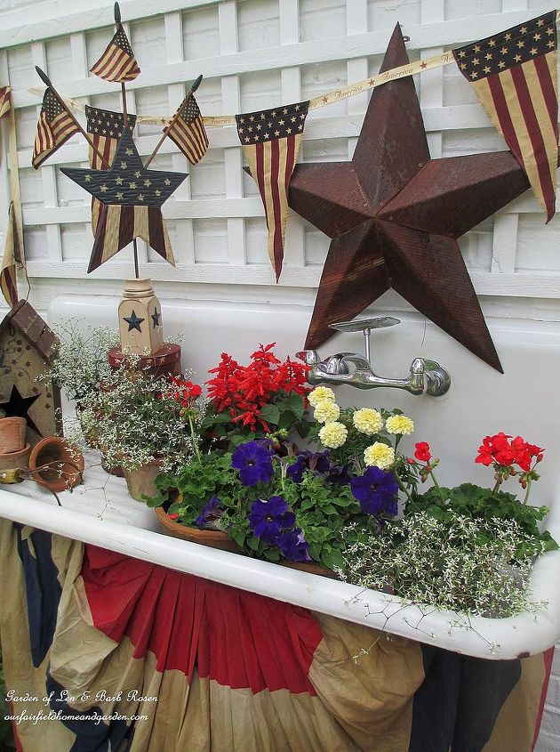 happy fourth of july patriotic potting sink, flowers, gardening, outdoor living, patriotic decor ideas, seasonal holiday decor, Red white and blue flowers continue the theme