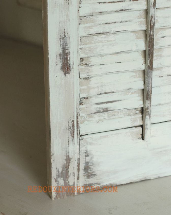 how to paint old shutters and use for decor, There is no mess with the wet distress method and you have way more control than with sandpaper