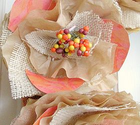 fall burlap and coffee filter wreath, crafts, repurposing upcycling, seasonal holiday decor, wreaths, And some half circles of orange colored scrap booking paper to give each rose some pizzazz