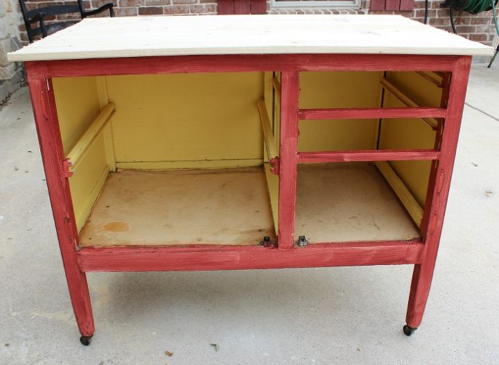 hoosier cabinet turned outdoor kitchen island, outdoor furniture, rustic furniture, Added a wooden top but later decided to reattach the porcelain top